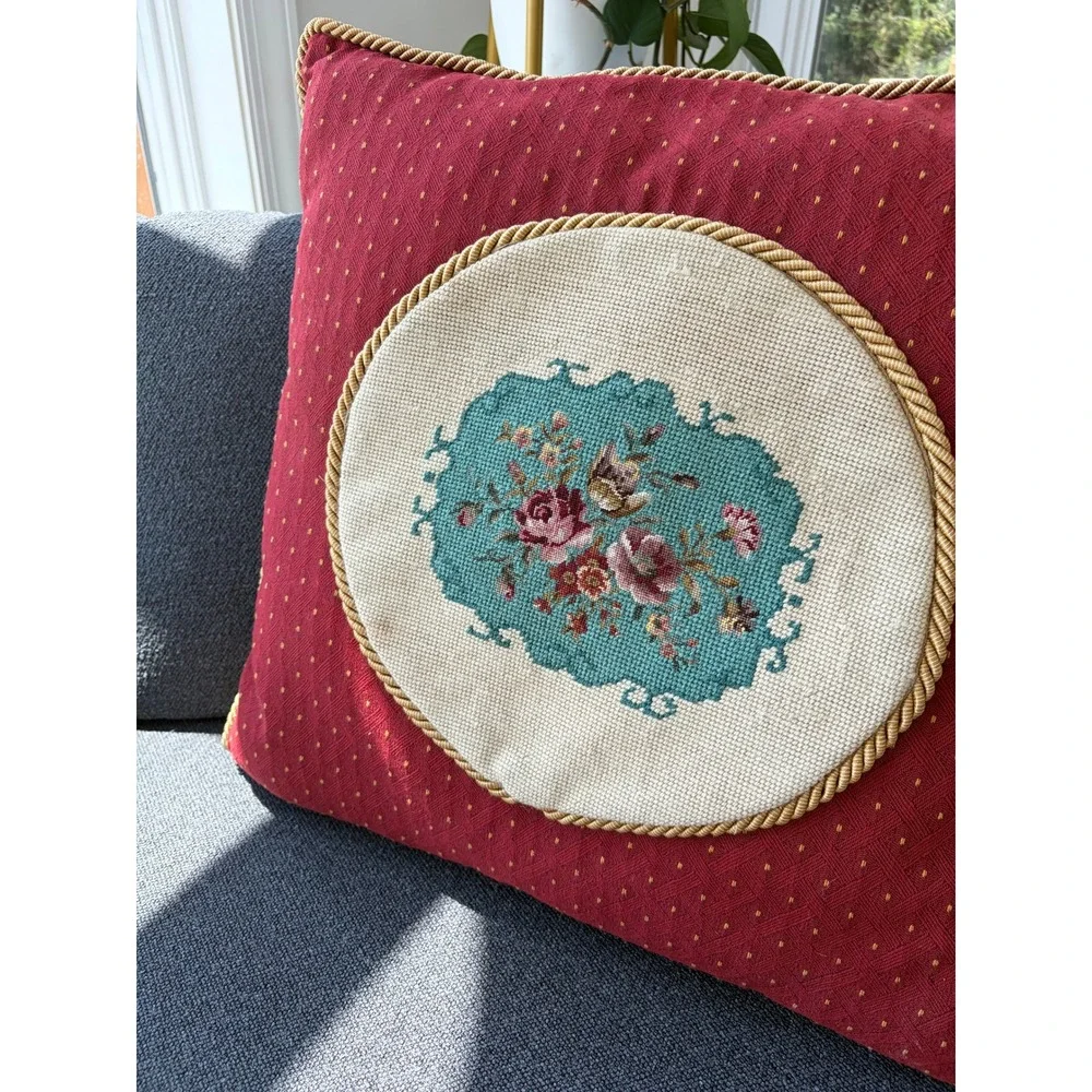 Vintage Needlepoint Floral Throw Pillow Burgundy Red Gold Rope Trim 20x20